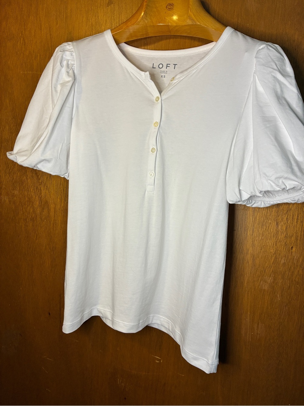 LOFT White Puff Sleeve Henley Tee with Button Placket